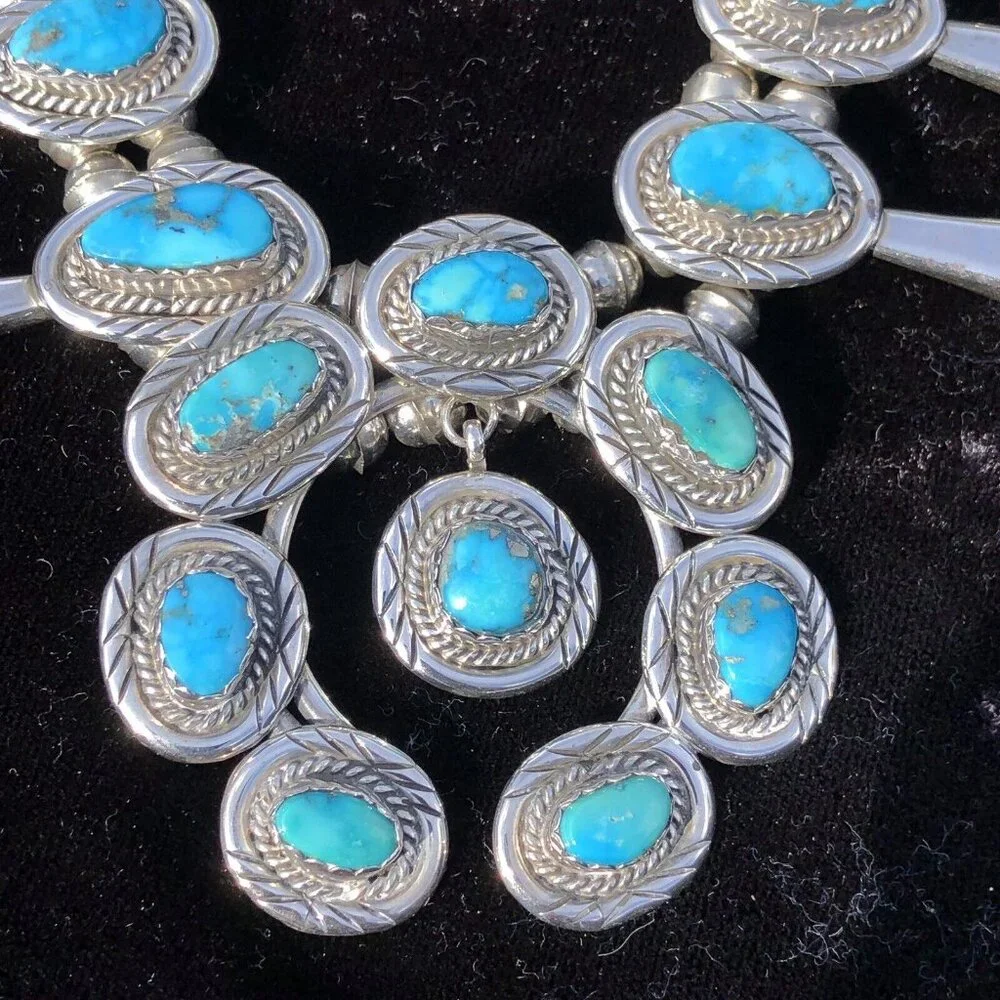 Vintage Sterling Silver Navajo Kingman Turquoise Squash Blossom Necklace Jewelry - Picture 4 of 16